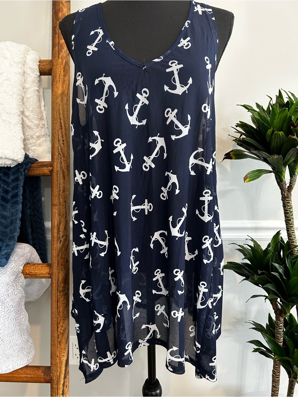 India Boutique Navy and White Anchor Print Sleeveless Tank Size: One Size